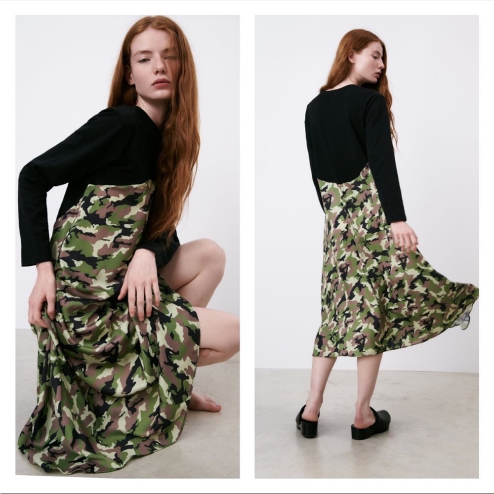 ZARA Black Green Camouflage Military Print Long Sleeve Camo Midi Maxi Dress